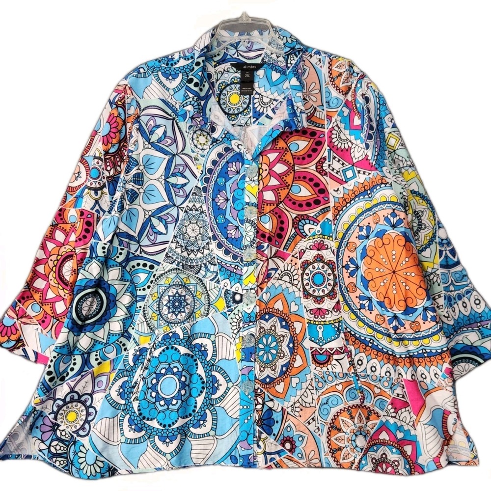 NWT Ali Miles Shirt Top Women 1X Art To Wear Button Festival Large Print Artsy‎